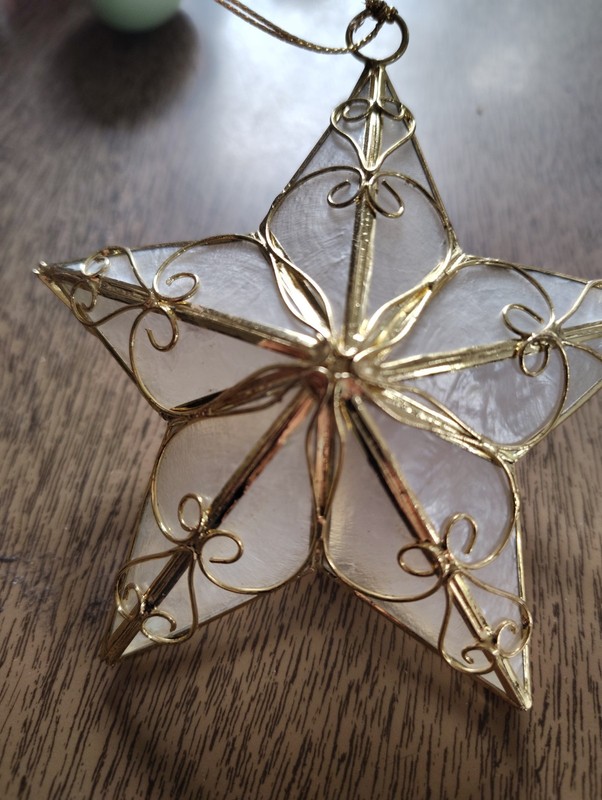 Vintage Capiz Shell Ornament Star Christmas 3D Gold Metal Wire