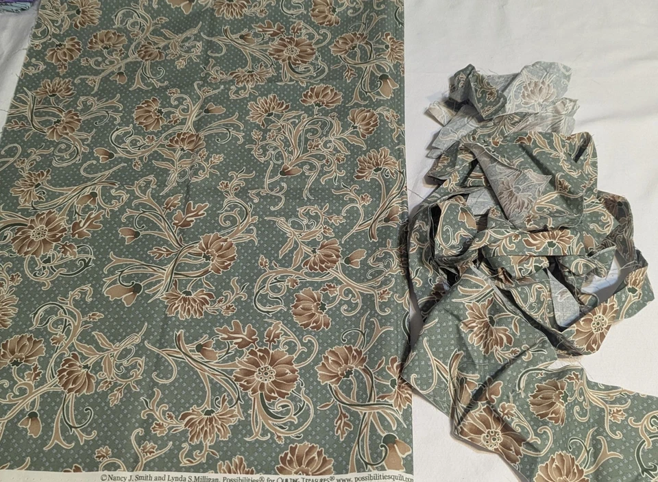 Green/Grey & Tan/Brown Floral & Swirls Cotton Fabric. 31" x WOF + + + - Image 2 of 3