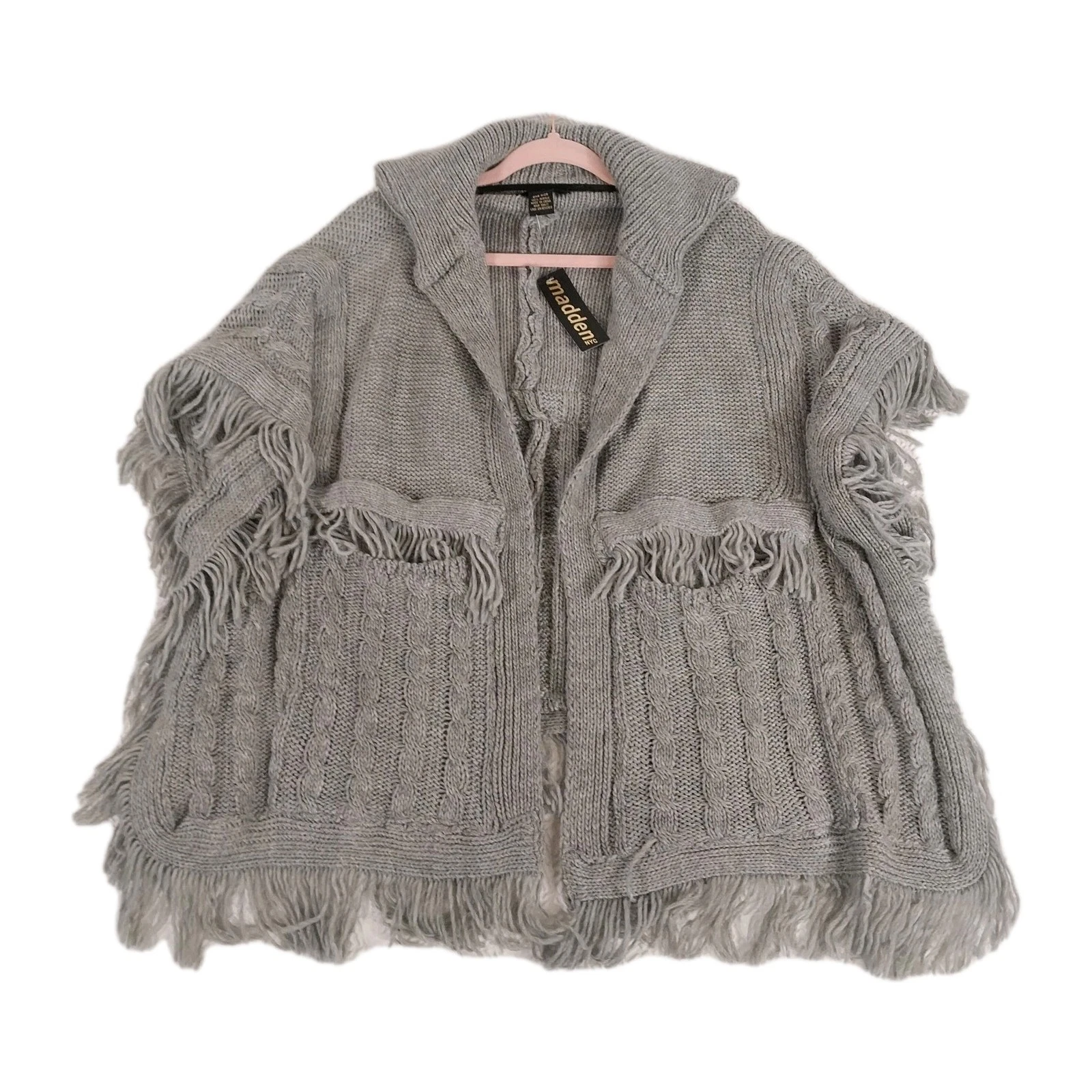Steve Madden NYC Sweater Poncho Cable Fringe Ruana Heather Grey