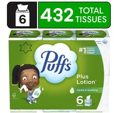 Puffs Plus Lotion Facial Tissues, 6 Mega Cube Boxes, 72 Tissues per Box