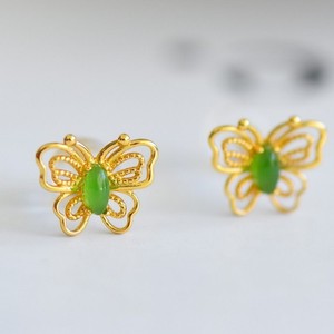 Authentic S925 Silver Gold Plated Green Jade Butterfly Stud Earrings Filigree
