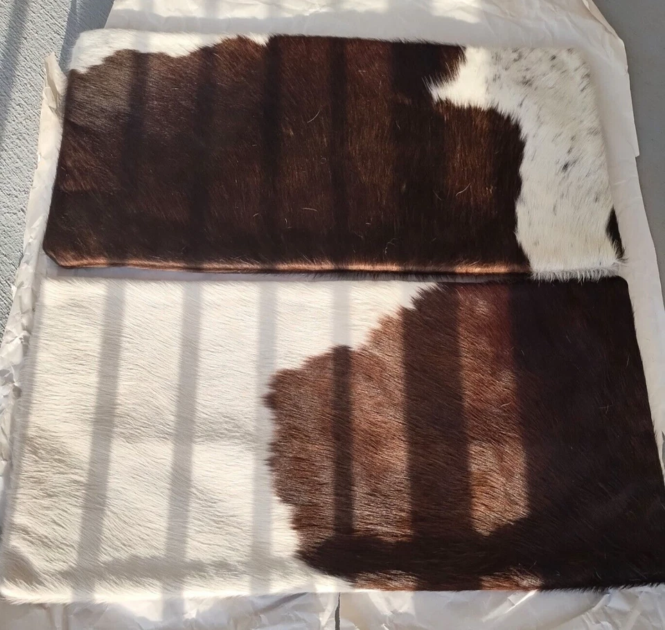 Par de fundas de almohada lumbares de cuero de vaca marrón y blanco auténticas de lujo forradas 10 x 20" Foto 2 de 4