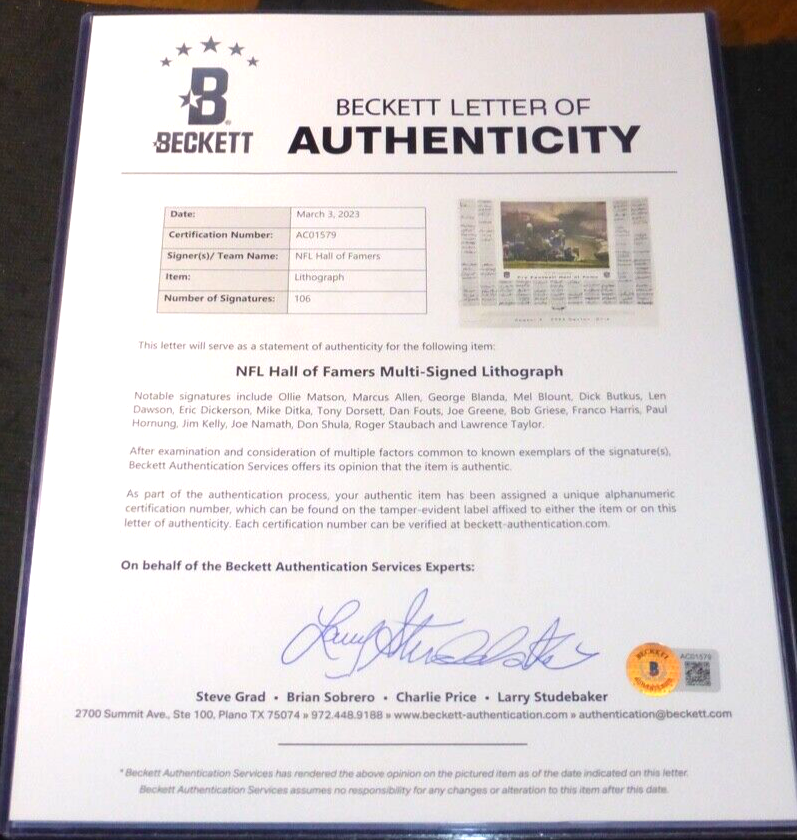 Joe Namath Autographed Signed Hall of Fame HOF Multi- Art 100+ Auto Dickerson Jim Kelly Blount Ditka BAS 