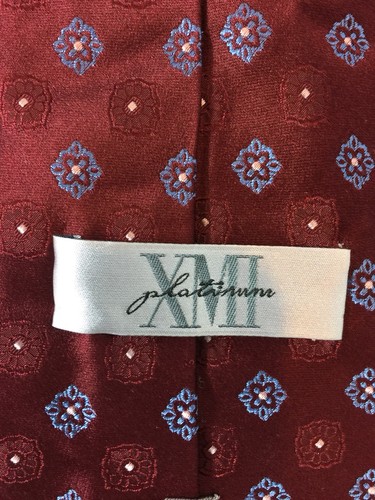 XMI Platinum Burgundy Red Light Blue Floral Geometric Silk Tie L60" W3 3/4" EUC - Picture 6 of 8