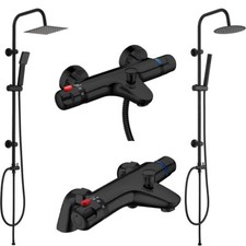 Matte Black Thermostatic Bathroom Bath Shower Mixer Tap Kits Deck + Wall Mounted