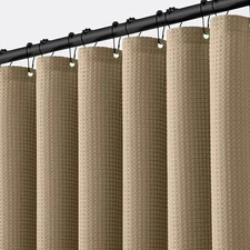 Waffle Weave Fabric Shower Bath Curtain with 12 Metal Hooks Heavy Duty Washab...