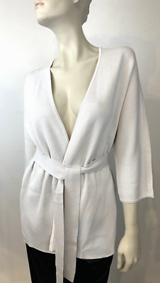 EILEEN FISHER Petite PM Silk & Cotton Interlock Belted Cardigan Bone NWT $348