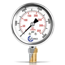 2-1/2" Pressure Gauge, Stainless Steel Case, Liquid Filled, Lower Mnt 5000 PSI