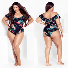 NWT City Chic Off Shoulder Ruched Lace Up Back Removable Straps Swimsuit 20