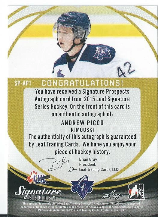 2015 ITG In The Game Leaf Signature Series ANDREW PICCO #SP-AP1 Prospect Auto - Image 2 of 2