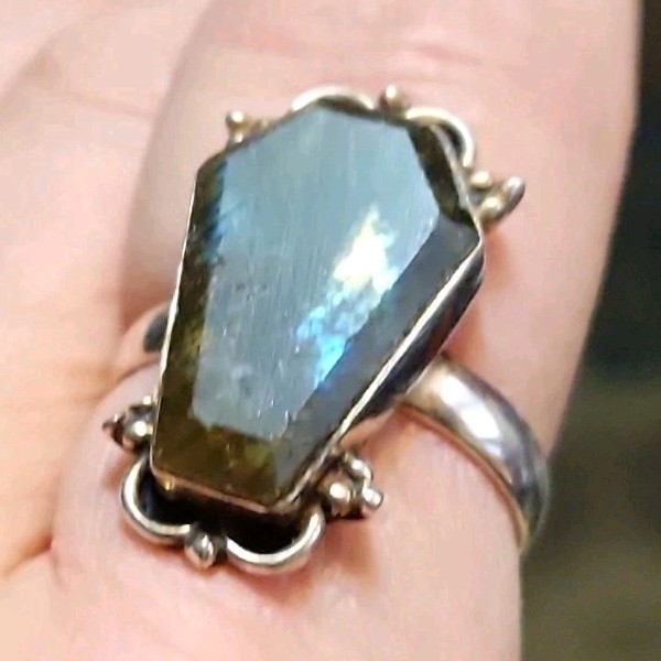 Silver Statement Ring Hexagonal Blue Green Labrad… - image 1