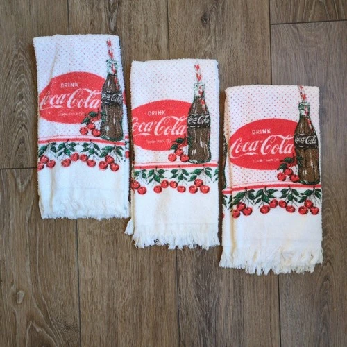 3 Vintage 80s Cherry Coke Coca Cola Kitchen Hand Towels - Fringed Retro