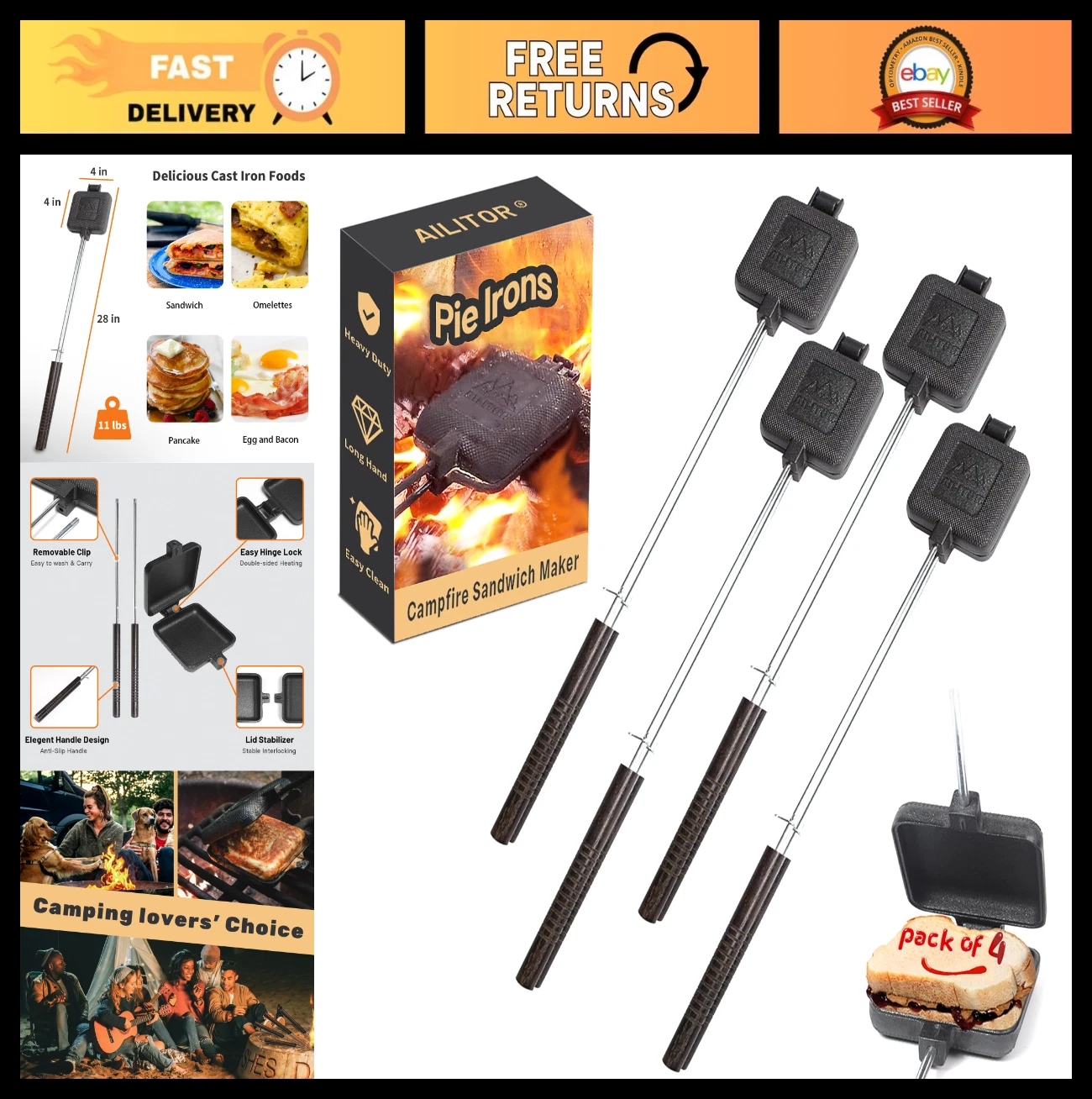 Campfire Sandwich Maker Set of 4 - Cast Iron Pudgy Pie Cooker for Camping & Outd