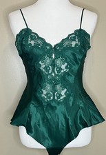 Vtg Victoria  s Secret Gold Label Satin Teddy Lingerie Emerald Green Small Lace