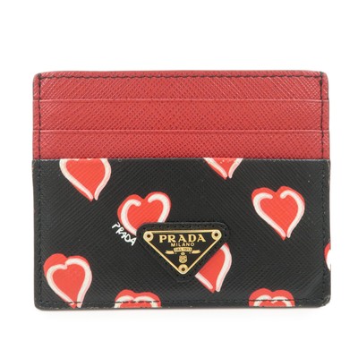 Authentic PRADA Saffiano Leather Heart Card Case Black Red