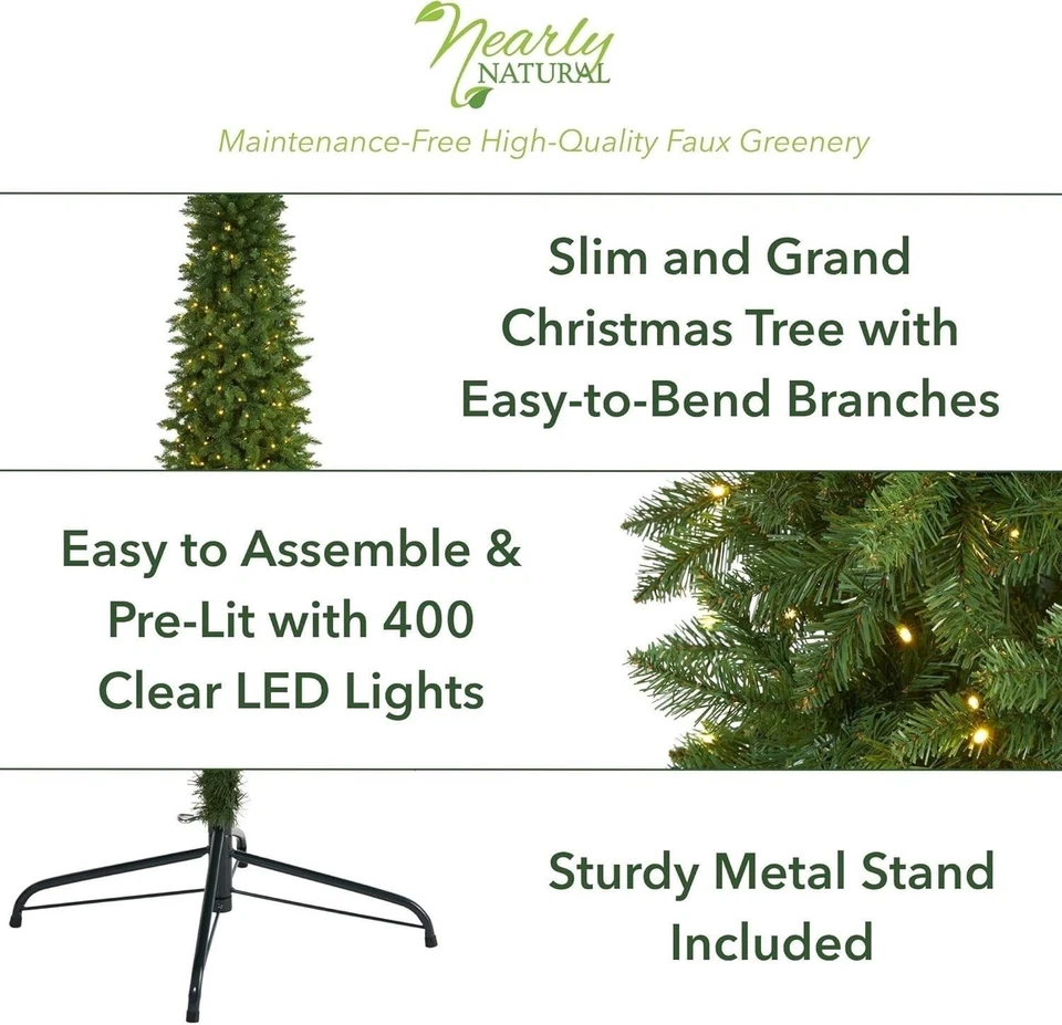 Nearly Natural 8ft. Slim Green Mountain Pine Artificial Christmas Tree 400 Light - Image 3 of 4