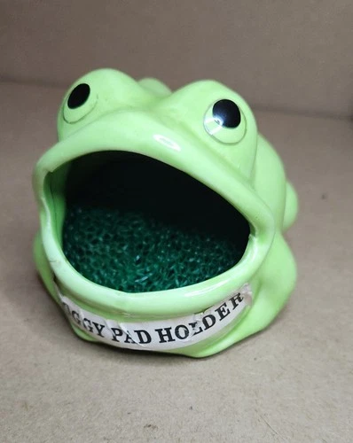 Vintage 1970s Ceramic Green Big Mouth Frog Dish Scrubby Sponge Holder - product listing photo