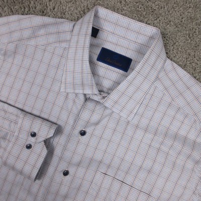 David Donahue Shirt Mens XL Gray Plaid Cotton Woven Pocket Casual Button Up EUC