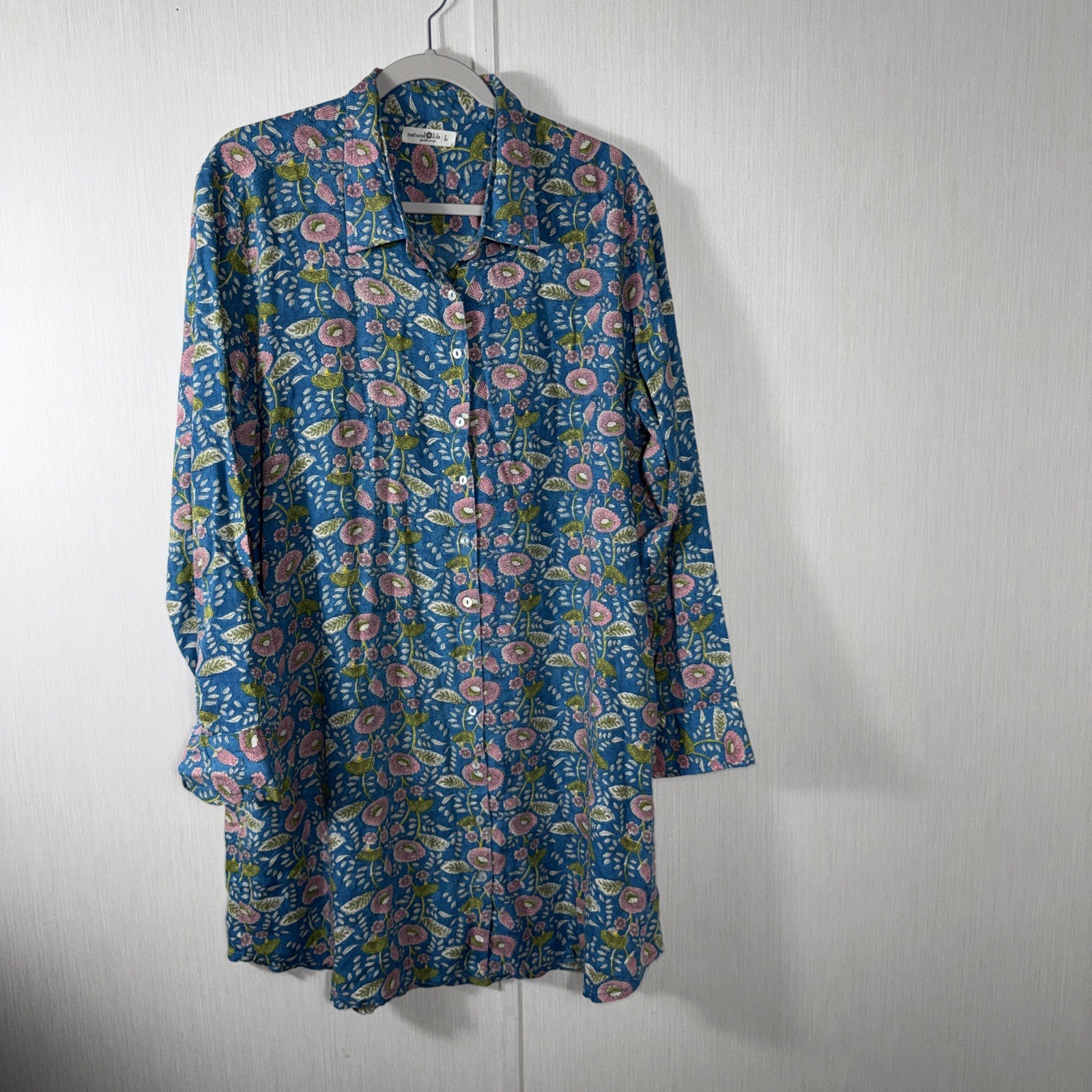 Natural Life Georgia Mini Shirt Dress Women's L Blue Floral Boho Button Up