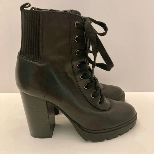 Steve Madden Damenstiefel 9M "Latch" schwarz Leder Schnürung Reißverschluss Blockabsatzsohle - Bild 2 von 12