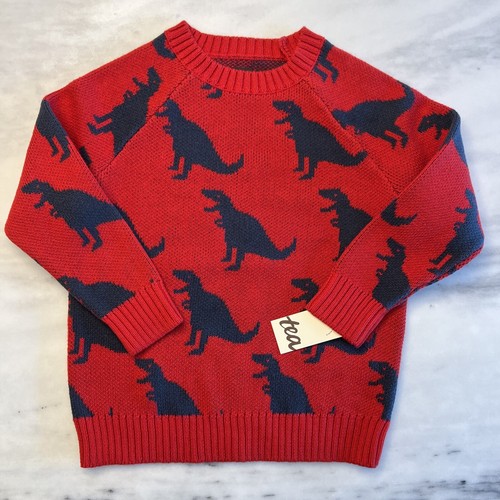 Tea Collection Boys Red Sweater DINOSAURS Size S 4-5 NWT