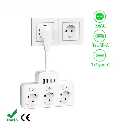 Wall Power Strip 3 AC Power Socket 3 USB and 1Type-C Charging Port Power Adapter