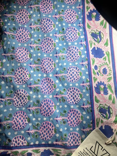 SZ Blockprints Throw Tablecloth Floral 46X 77” Blue Pink Indian Print NWT New - Picture 3 of 10