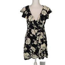 FREE PEOPLE French Quarter Mini Wrap Dress Flutter Floral Black ivory cream m