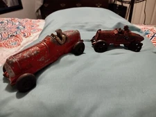 2 Vintage cast iron cars 1930 Boat tail racer. + Hubley racecar #5