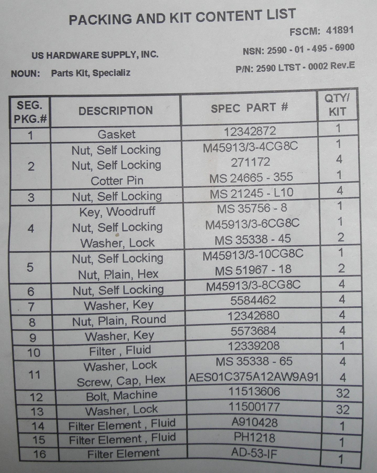 2590-01-495-6900 U.S. Army Filter Parts Kit AM General Hummer  
