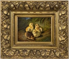 Original 19th C. Arthur Fitzwilliam Tait Chickens Chicks Landscape American Oil