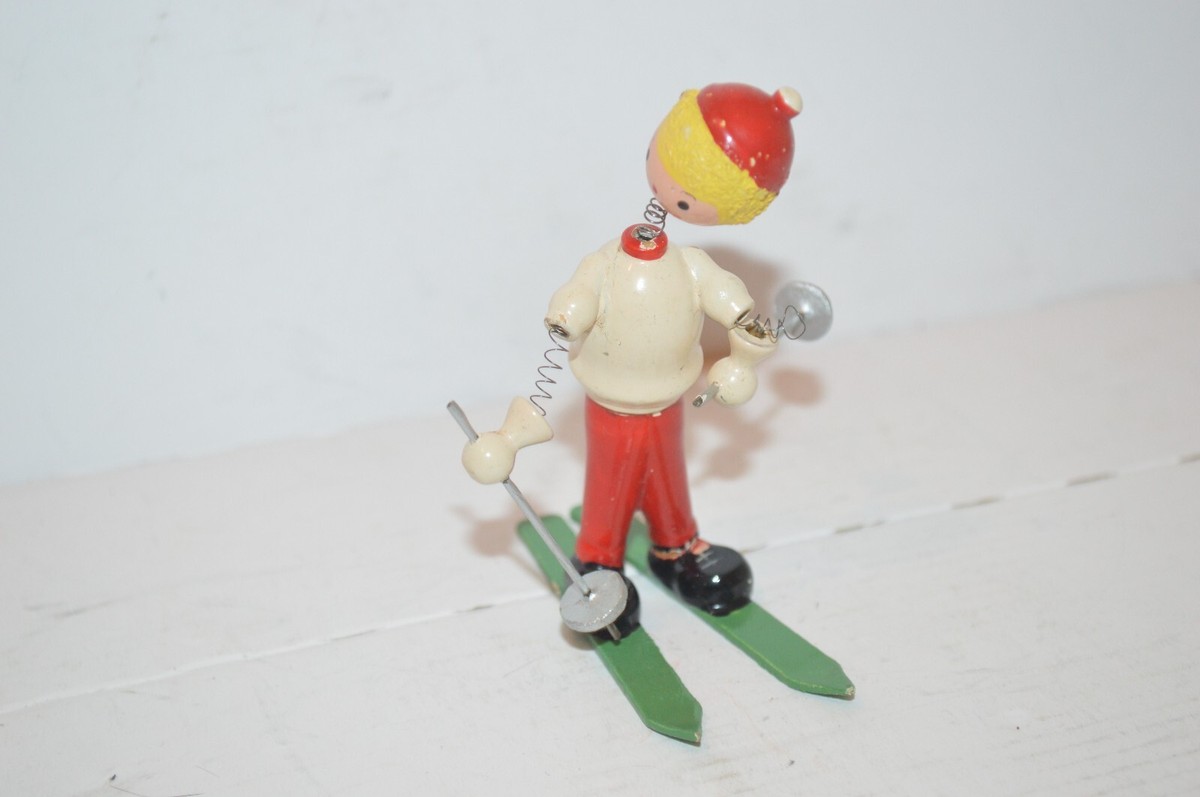 Figurine Vintage Skieur En Bois Et Ressorts, Années 1960 - Occasion, Usure Légère