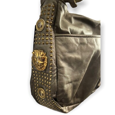 Pinky Shoulder Bag Women's Gold Tan VTG Studded Lion Head Cross Body Satchel Zip