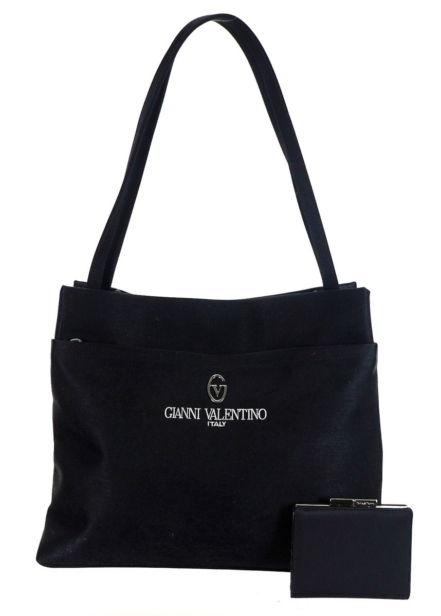 Vintage GIANNI VALENTINO Black Satin Canvas Shoulder Tote