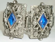 Vintage Gothic Ornate Heavy Link Bracelet Victorian Revival Blue Stones BB8-37