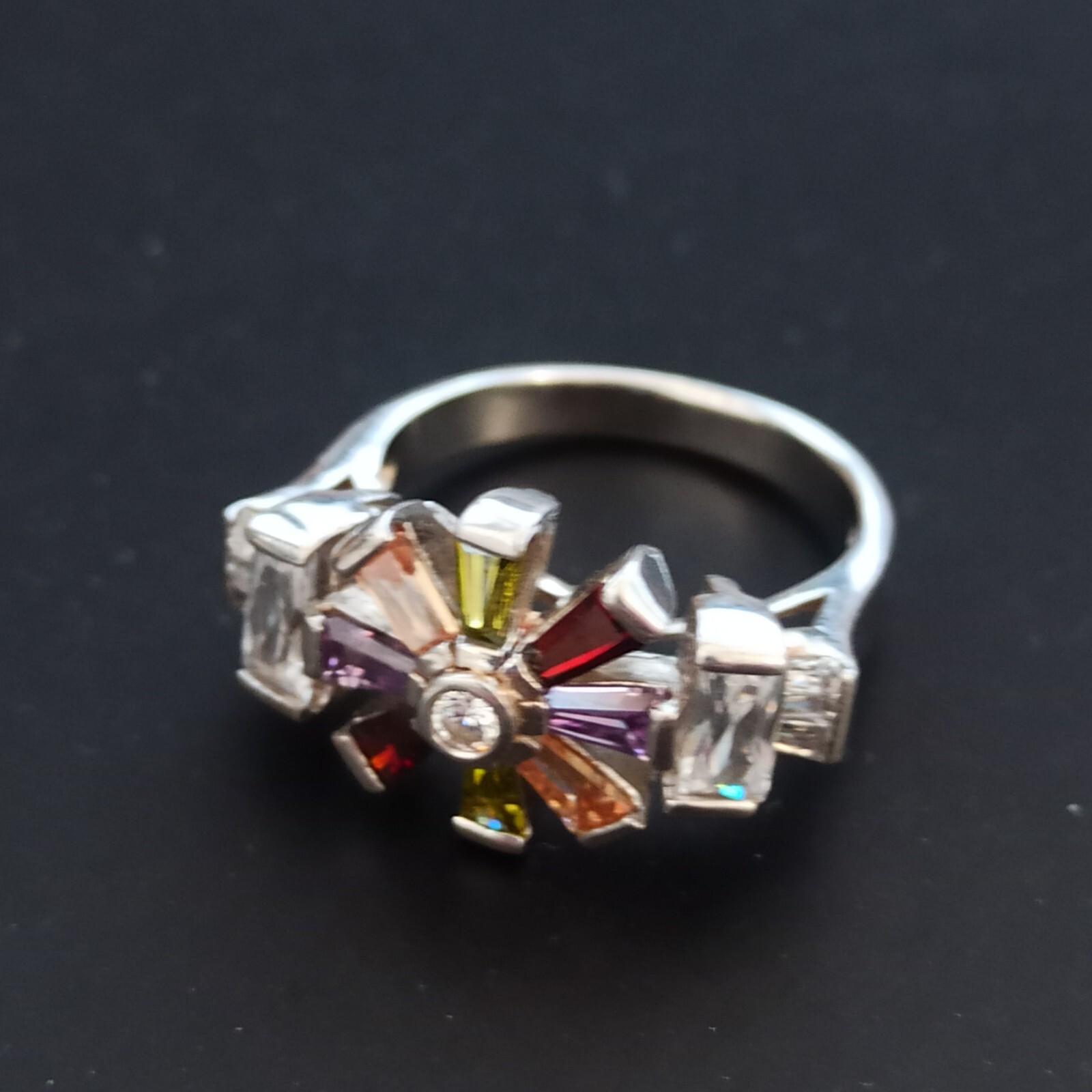Silver Ring Multicolor Flower Crystals Stone Vint… - image 2