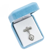 Sterling Silver Small Round Fancy Miraculous Medal Pendant Godchild Pin,0.9 In