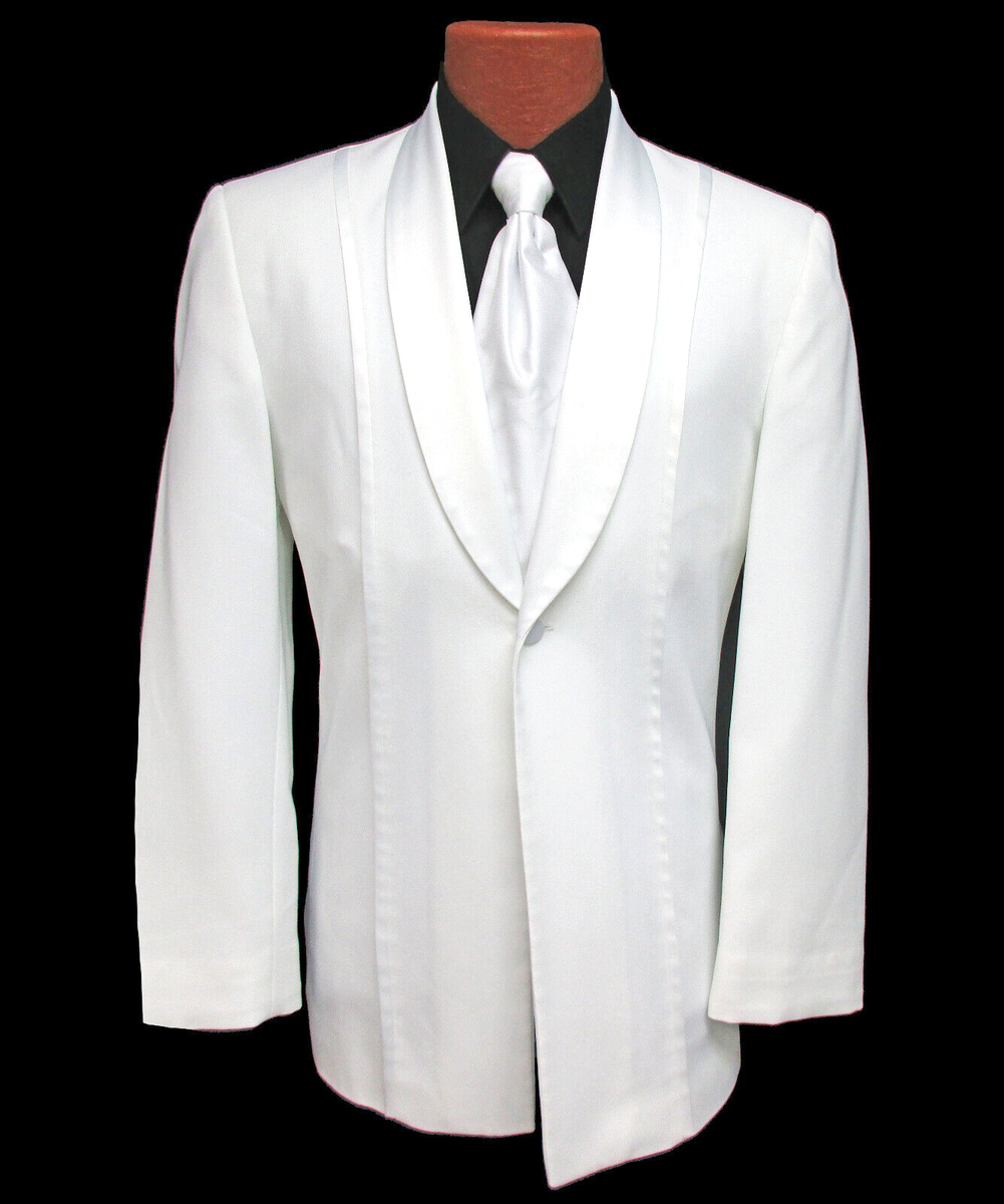 ろっく Men's Jean Yves White Tuxedo Jacket with Satin Shawl Lapels & Trim