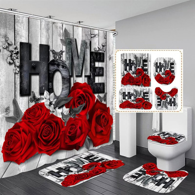 Red Rose 4-Piece Bathroom Set with Shower Curtain, Rugs, and Toilet Cover