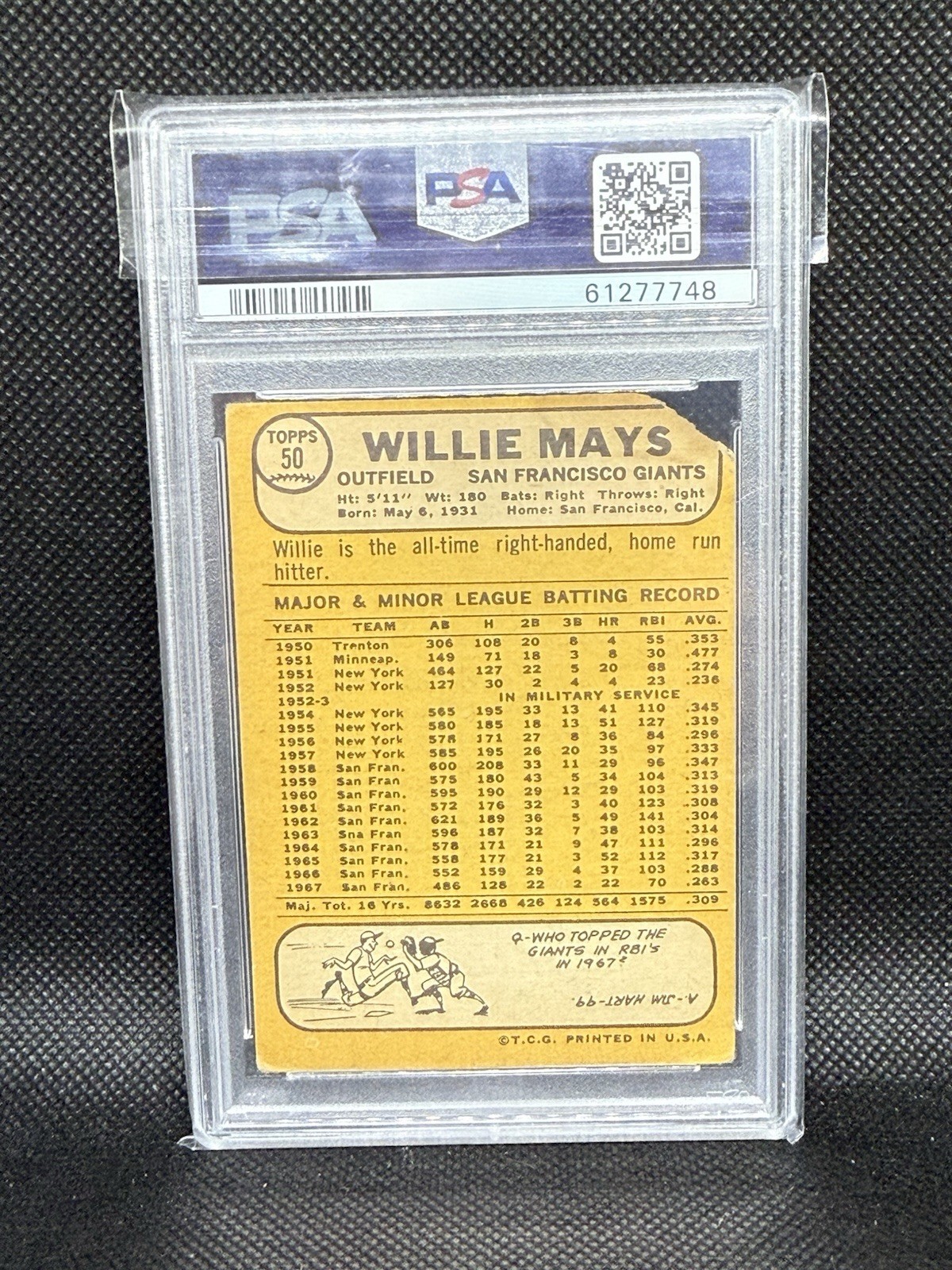 1968 Topps Willie Mays #50 PSA Authentic Altered San Francisco Giants HOF view 2