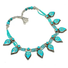 Turquoise Gemstone Bohemian Necklace Tibetan Handmade Nepali Jewelry 18" N57