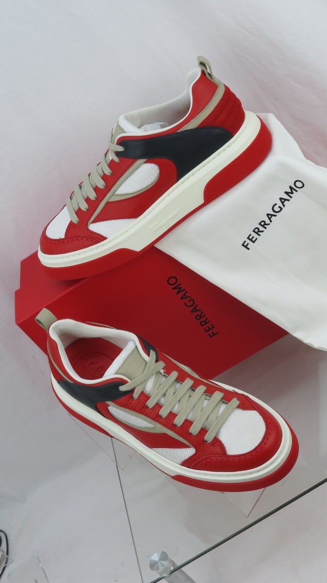 NIB FERRAGAMO CASSINA RED BLACK LEATHER LOGO LACE UP SNEAKERS 8 M