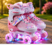 Kids Roller Skates Adjustable Quad Pink Glitter Large Light Up Wheels Outdoor