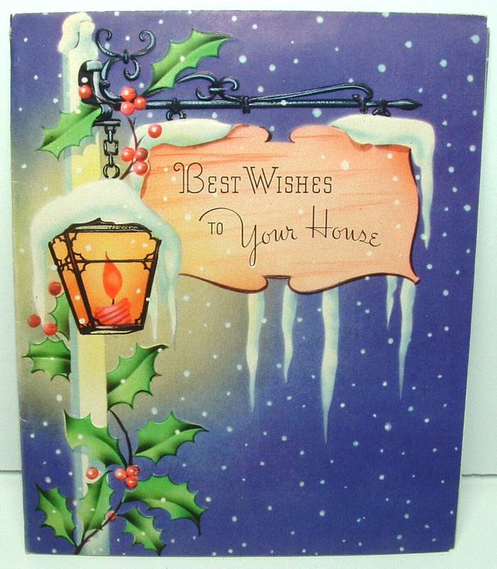 2 Images - Lantern, Signpost - 1940's Vintage Christmas Greeting Card