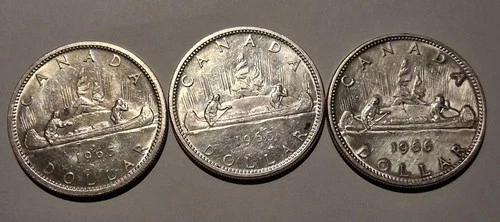 $ 1965 & 1966 (3X) CANADA SILVER DOLLARS  ONE PRICE  80% SILVER  ASW 2.4 OZ $