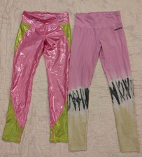 Justice Leggings 2 Pairs Girls sz M/10 Pink Shiny Tie Dye Yoga Pants