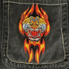Vintage JNCO Jeans Flaming Tiger Youth 12 Black Embroidered Wide-Leg Skater Y2K