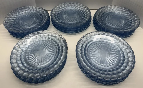 8 Anchor Hocking Blue Bubble 9 1/2” Glass Dinner Plates - 5 Sets of 8 Available