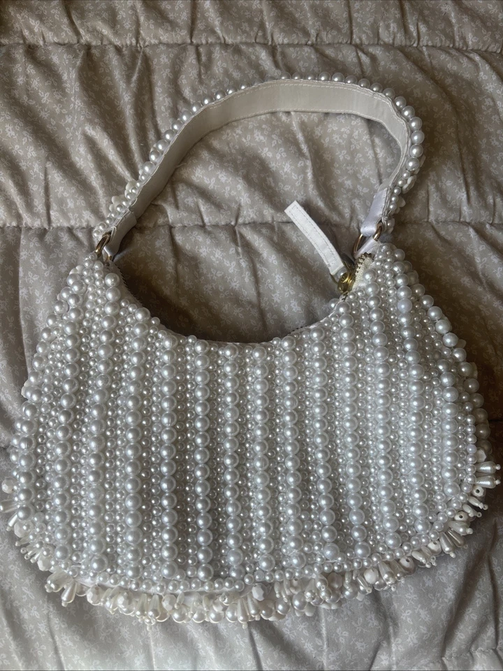 Bolso de Hombro Blanco Perla Flor Cuentas Hecho en India Foto 2 de 4