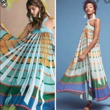 $228 Anthropologie Geisha Designs Abstraction Pleated Maxi Dress Size S Colorful